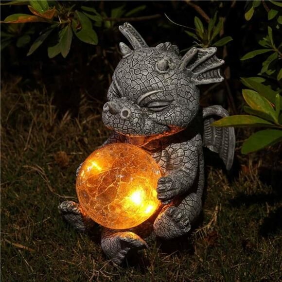Garden Dragon Statues - Adorable Baby Resin Dragon Figurines, Holding Magic Orb - Picture 2 of 6